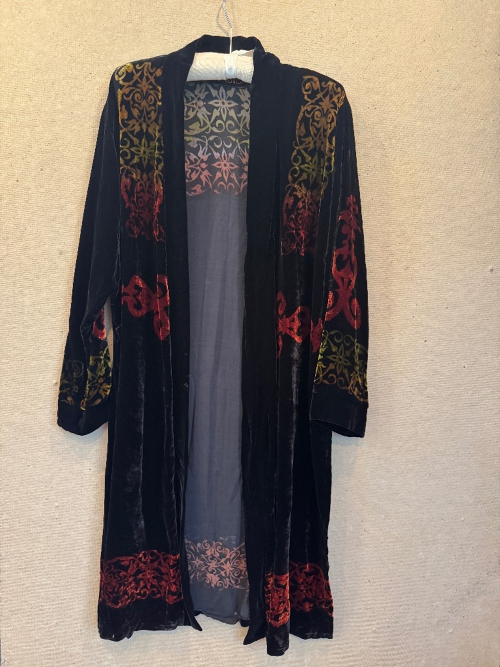 Elegant Long Velvet Evening Coat with autumn colored designs